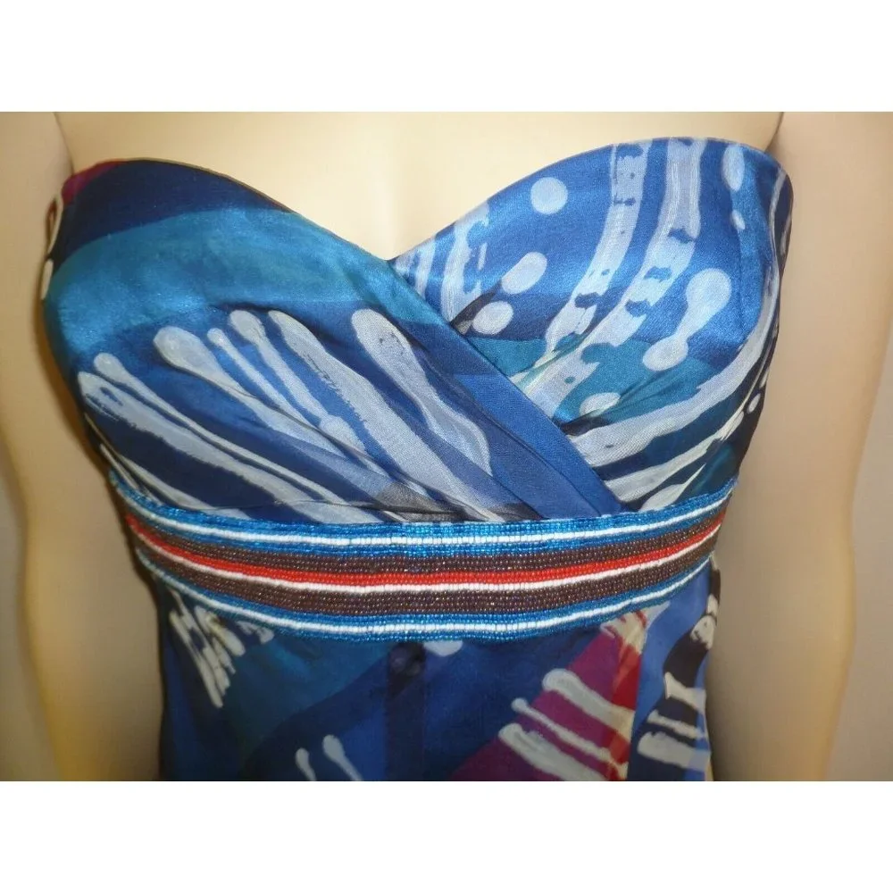 Carmen Marc Valvo Blue Strapless Dress Beaded Silk Summer 8